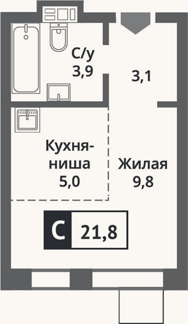 Планировка: Студия, 21,8 м²