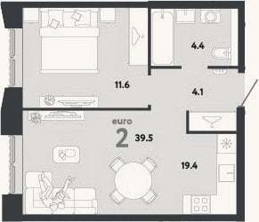 Планировка: 2-к, 39,5 м²