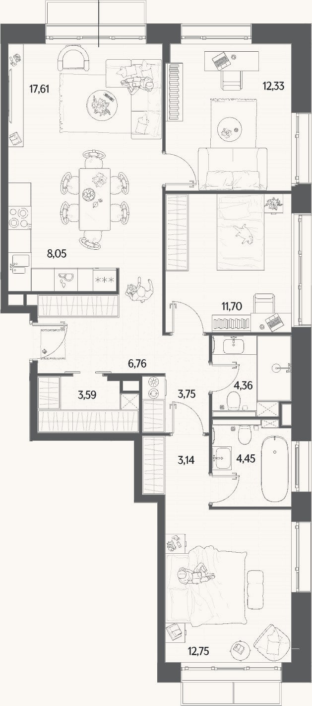 Планировка: 4+ к, 88,5 м²