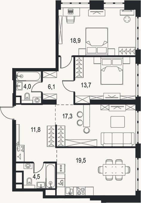 Планировка: 4+ к, 95,8 м²