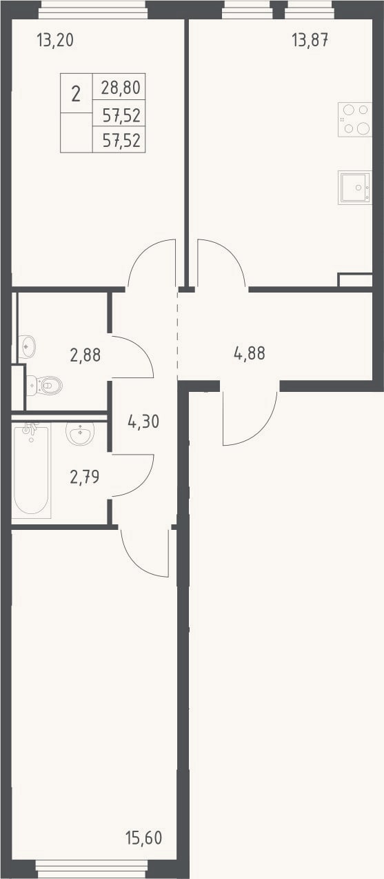 Планировка: 2-к, 57,5 м²
