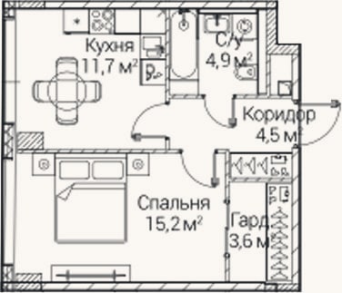 Планировка: 1-к, 39,7 м²