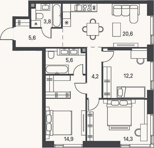 Планировка: 4+ к, 81,2 м²