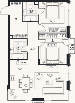 Планировка: 3-к, 74,7 м²