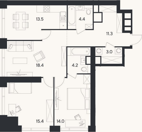 Планировка: 3-к, 84,2 м²