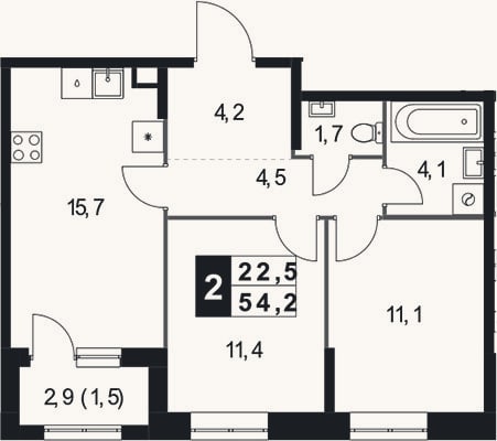 Планировка: 2-к, 52,7 м²