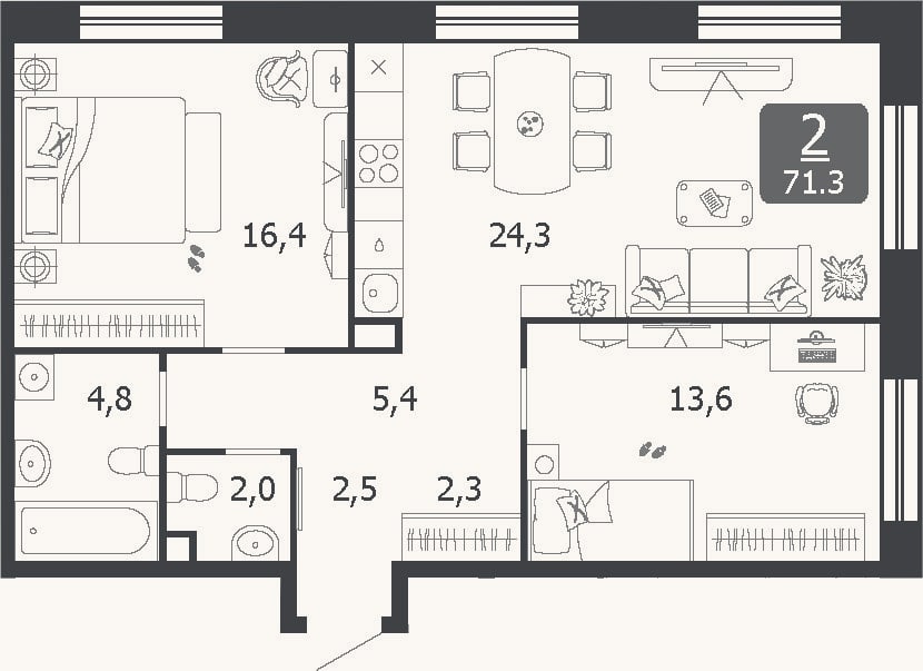 Планировка: 3-к, 71,3 м²