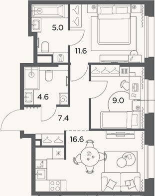 Планировка: 3-к, 54,2 м²