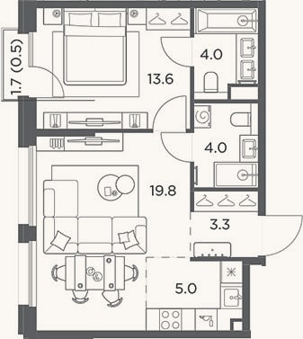 Планировка: 2-к, 49,7 м²