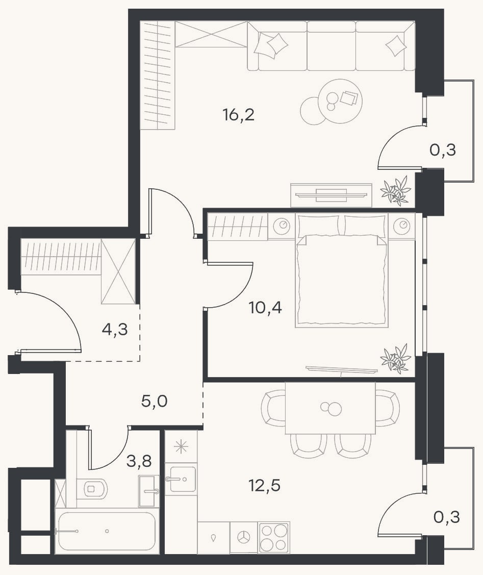 Планировка: 2-к, 52,2 м²