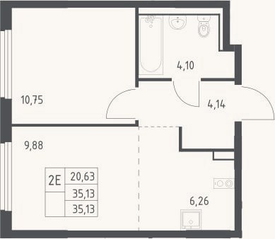 Планировка: 2-к, 35,1 м²