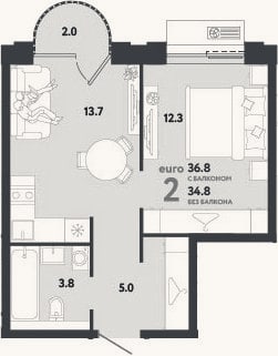Планировка: 2-к, 34,8 м²