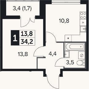 Планировка: 1-к, 32,5 м²