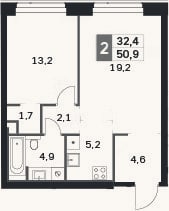 Планировка: 2-к, 50,9 м²