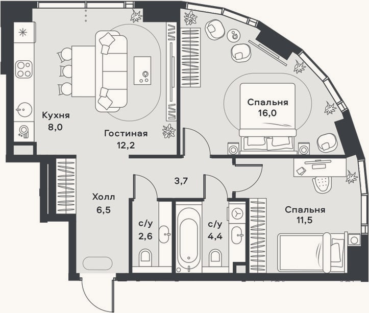 Планировка: 3-к, 64,9 м²