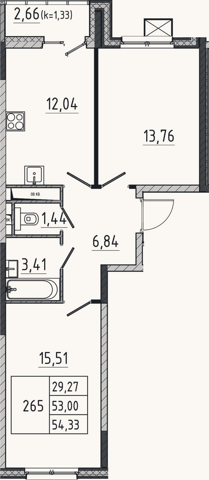 Планировка: 2-к, 53 м²
