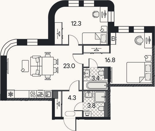 Планировка: 3-к, 63,6 м²