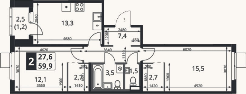 Планировка: 2-к, 58,7 м²