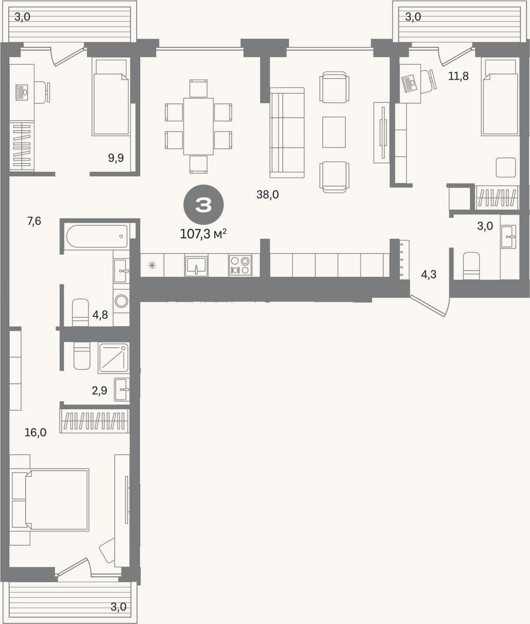 Планировка: 3-к, 98,3 м²
