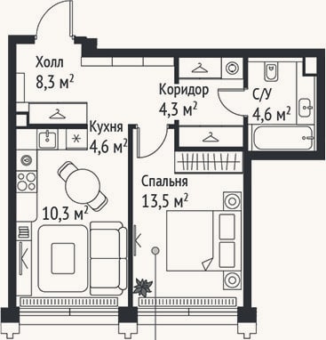 Планировка: 2-к, 45,5 м²