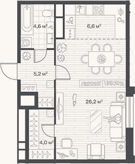 Планировка: Студия, 46,6 м²
