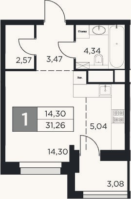 Планировка: Студия, 29,7 м²