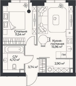 Планировка: 2-к, 38,9 м²
