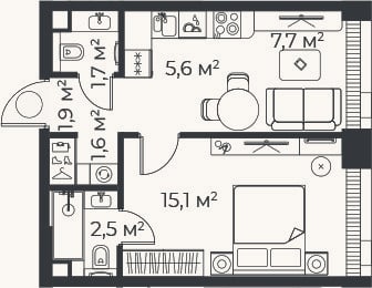 Планировка: 2-к, 36,2 м²