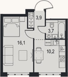 Планировка: 1-к, 33,9 м²