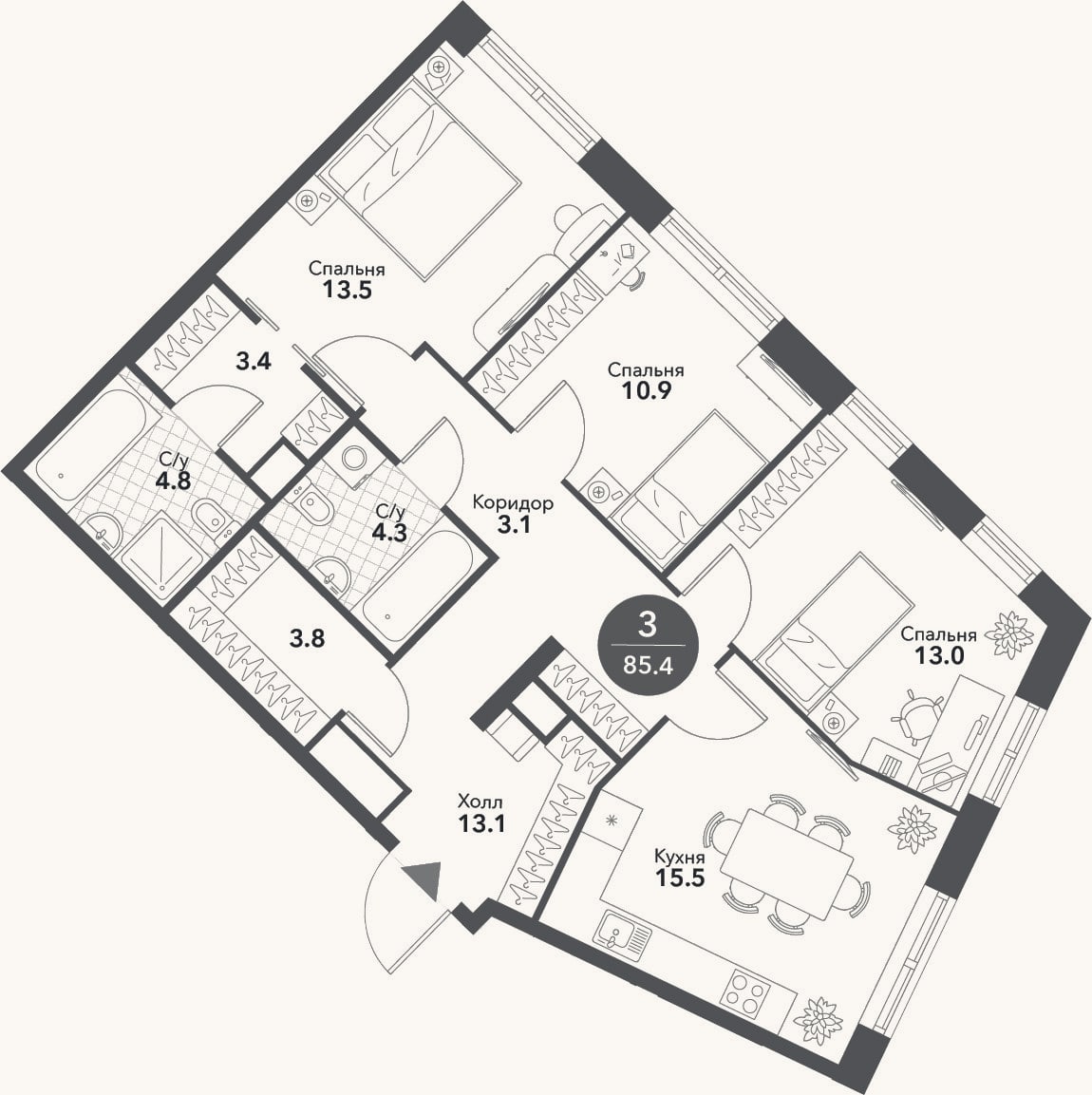 Планировка: 4+ к, 85,4 м²