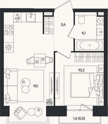 Планировка: 2-к, 37 м²