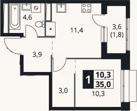Планировка: 1-к, 33,2 м²