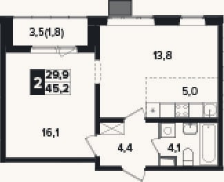 Планировка: 2-к, 43,4 м²