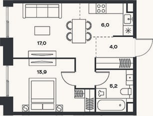 Планировка: 2-к, 46,1 м²