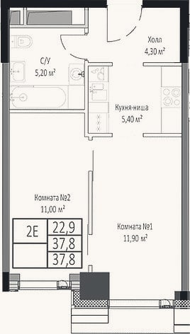 Планировка: 2-к, 37,8 м²