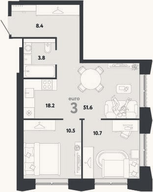 Планировка: 3-к, 51,6 м²