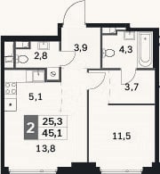 Планировка: 2-к, 45,1 м²