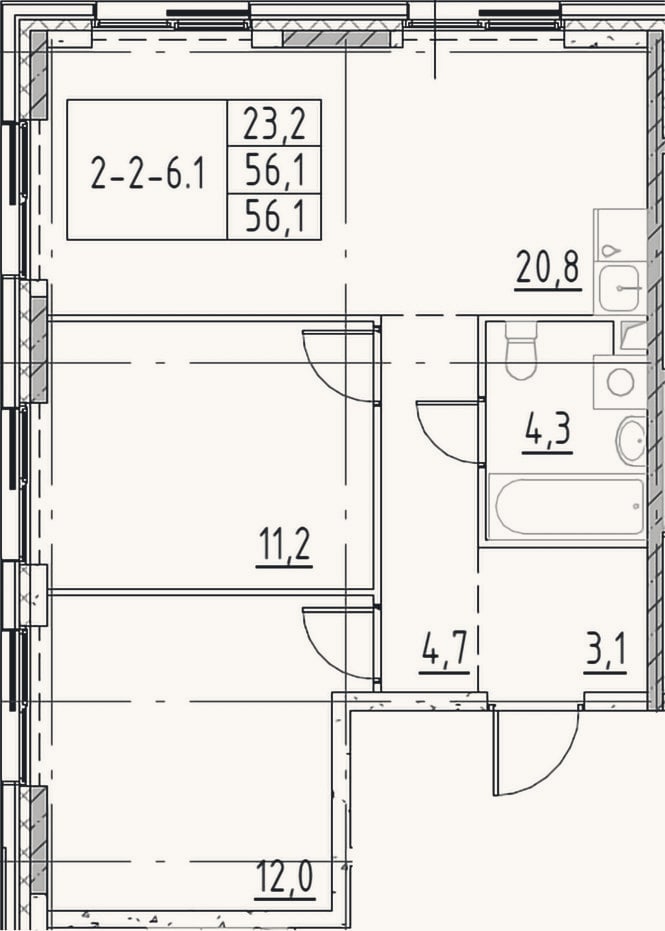 Планировка: 3-к, 56,1 м²