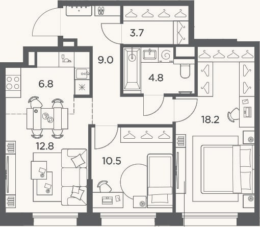 Планировка: 3-к, 65,8 м²