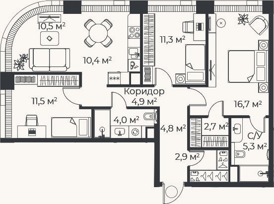 Планировка: 4+ к, 84,7 м²