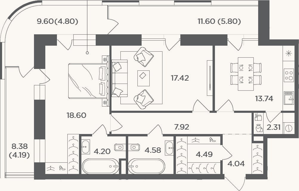 Планировка: 2-к, 77,3 м²