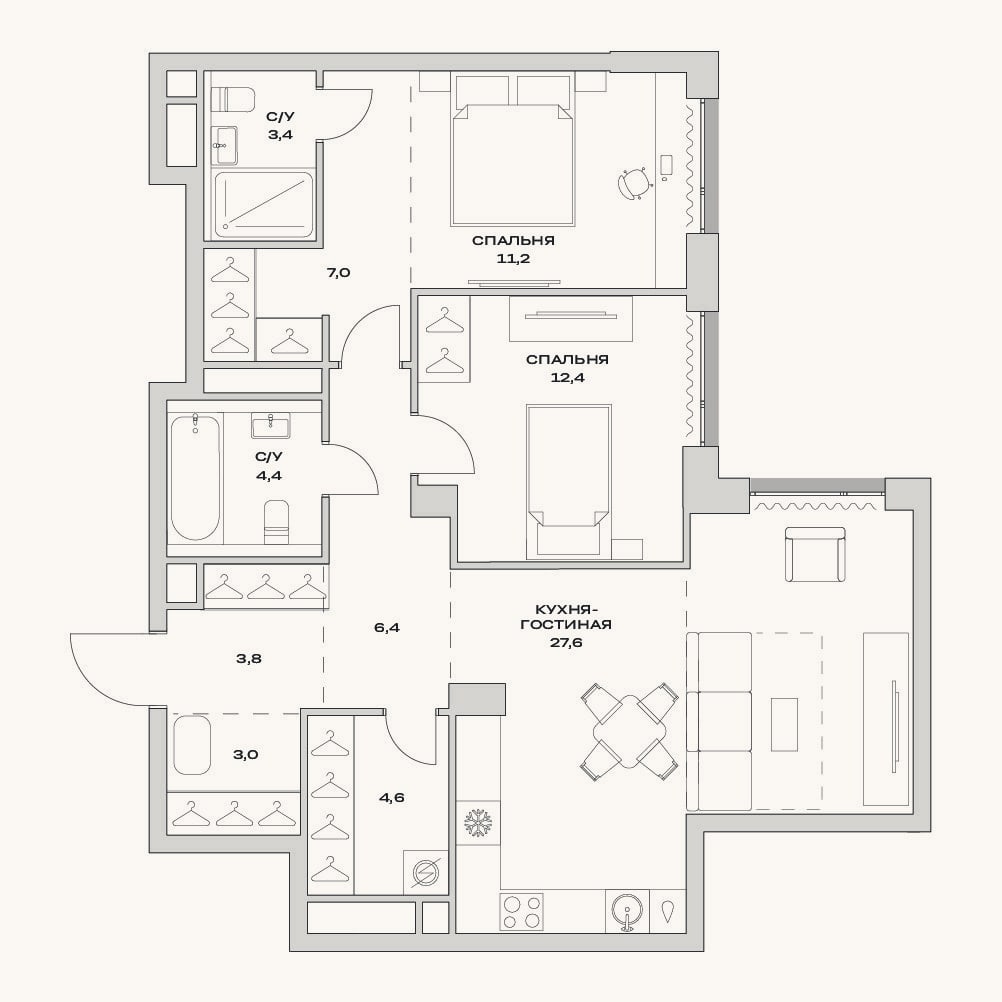 Планировка: 3-к, 83,8 м²
