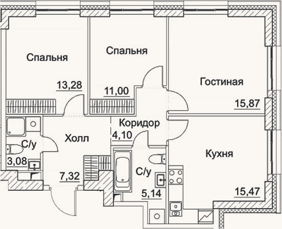 Планировка: 3-к, 75,3 м²