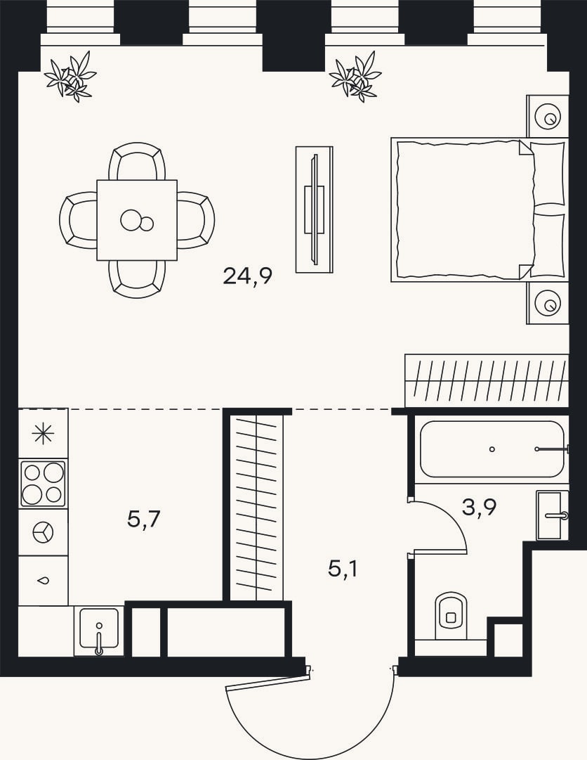 Планировка: 1-к, 39,6 м²