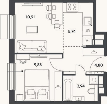 Планировка: 2-к, 35,2 м²