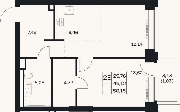 Планировка: 2-к, 49,1 м²
