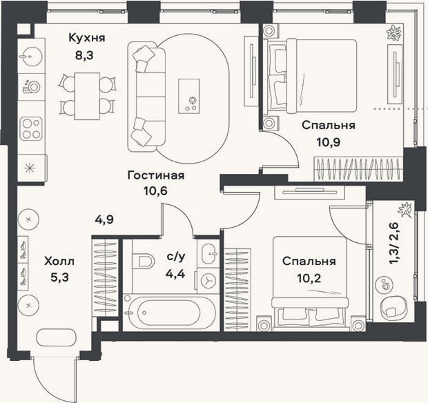 Планировка: 3-к, 54,6 м²