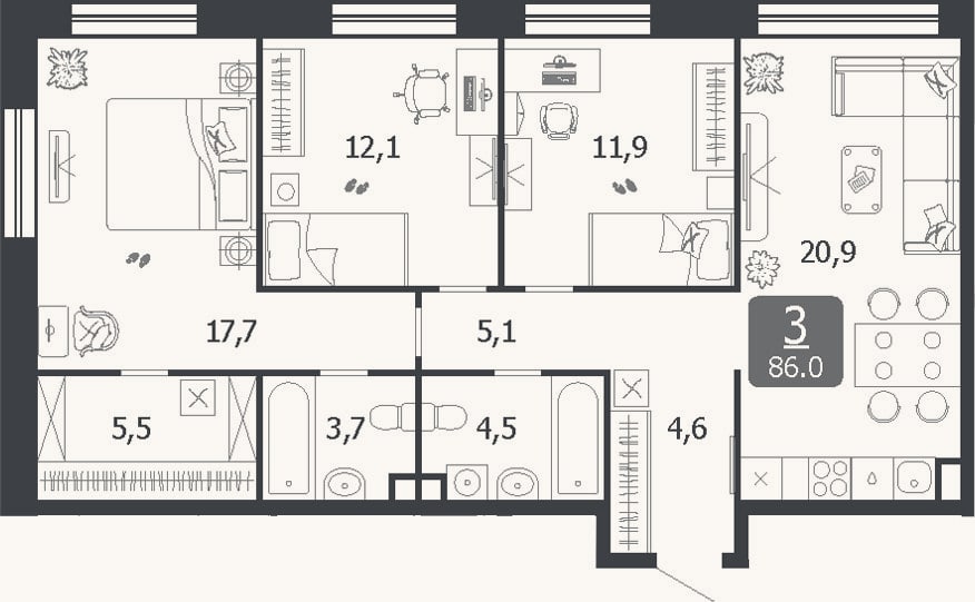 Планировка: 4+ к, 86 м²