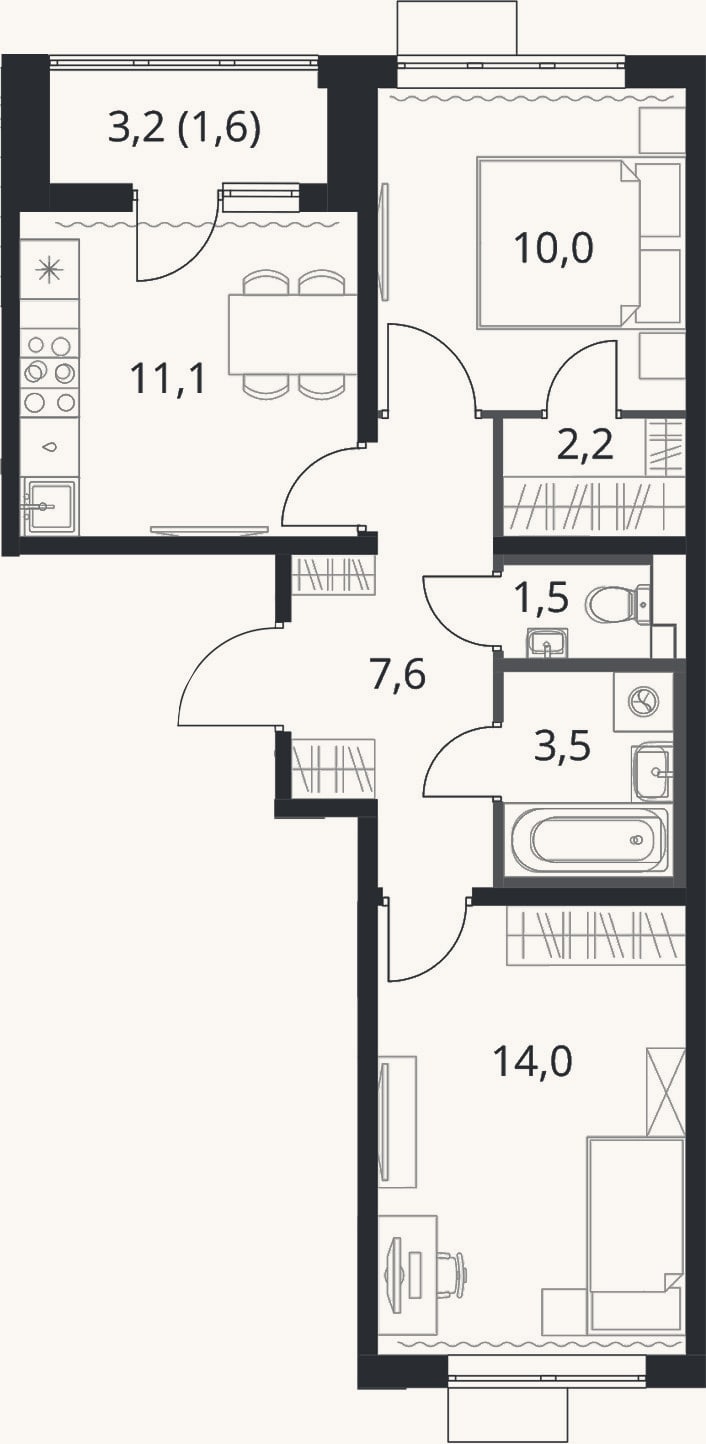 Планировка: 2-к, 49,9 м²