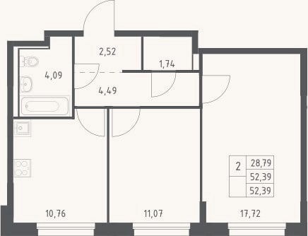 Планировка: 2-к, 52,4 м²